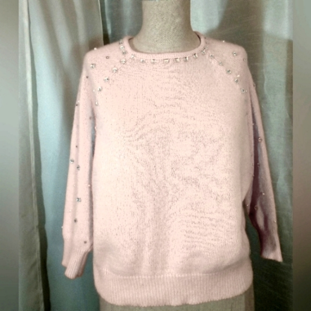 Topshop Crop Angora Crew Neck Crop, orange pearls & jewels 3/4 sleeve, 6 - Picture 1 of 14